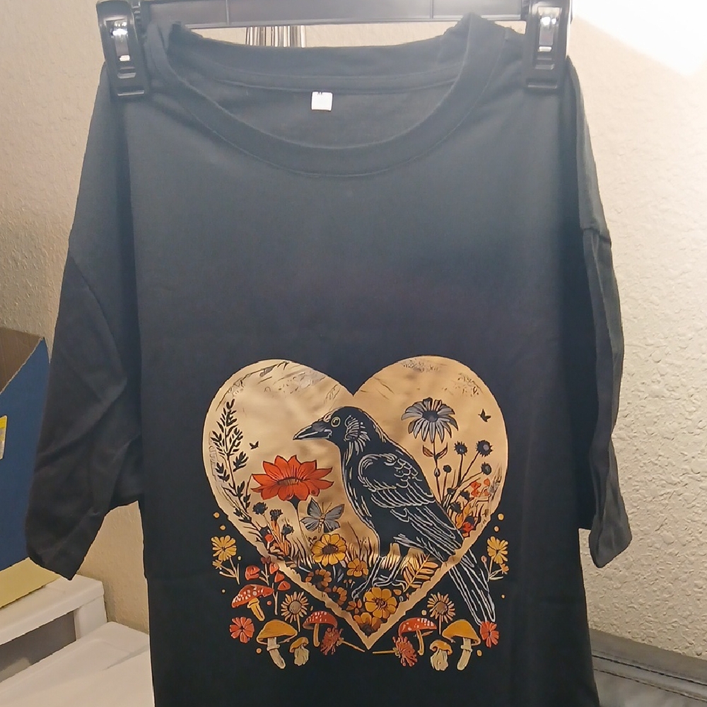 Black T-Shirt with Heart and Crow Design NWOT Never worn. - Picture 2 of 3